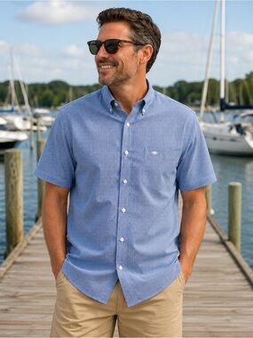 Dockers Blue Check Button Front Shirt Men’s Medium Short Sleeve